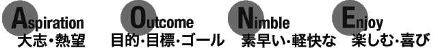 「Aspiration 大志・熱望」「Outcome 目的・目標・ゴール」「Nimble 素早い・軽快な」「Enjoy 楽しむ・喜び」