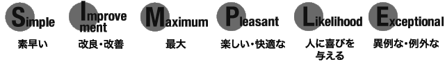 「Simple 素早い」「Improvement 改良・改善」「Maximum 最大」「Pleasant 楽しい・快適な」「Likelihood 人に喜びを与える」「Exceptional 異例な・例外な」